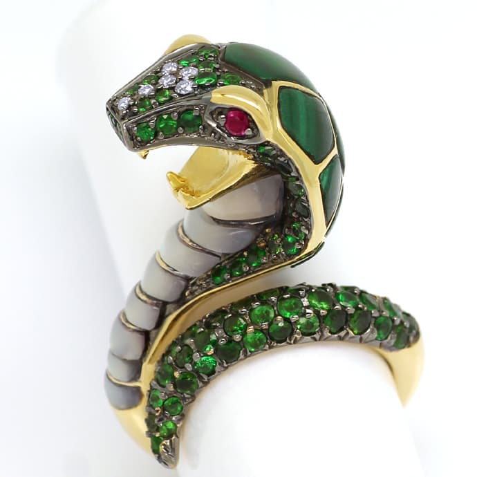 Cobra Schlangenring Tsavorite Rubine Malachite Perlmutt, aus Edelstein Farbstein Ringen