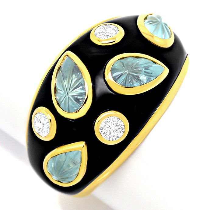 Cartier Brillanten-Ring, gravierte Aquamarine, Gelbgold, aus Edelstein Farbstein Ringen