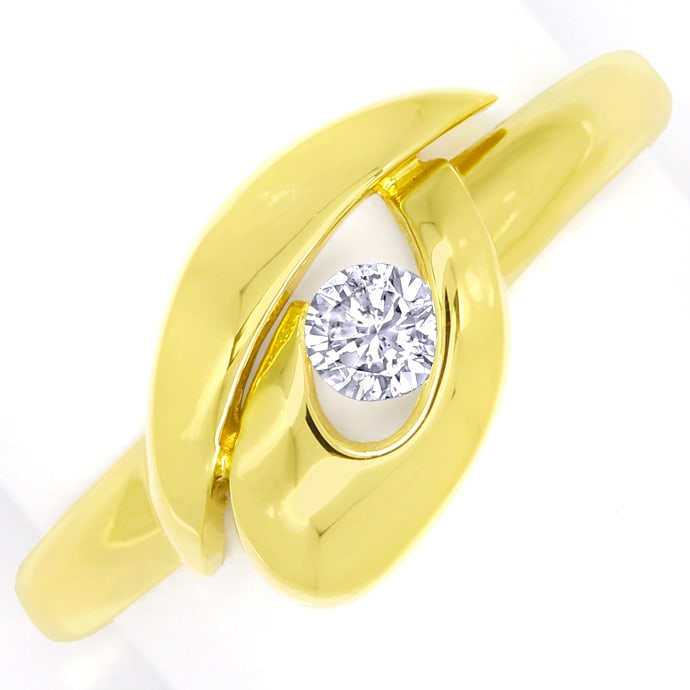 Brillant-Solitär 0,13ct in geschwungenem Gelbgold-Ring, aus Designer-Solitär-Diamantringe Brillantringe
