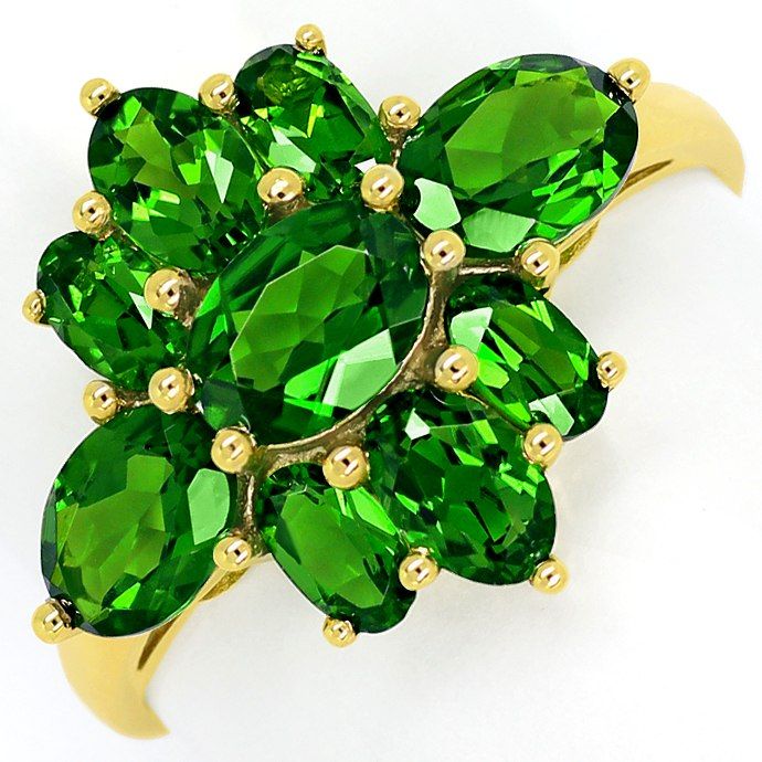 4,0ct grüne Super Diopside in dekorativem Gelbgold-Ring, aus Edelstein Farbstein Ringen