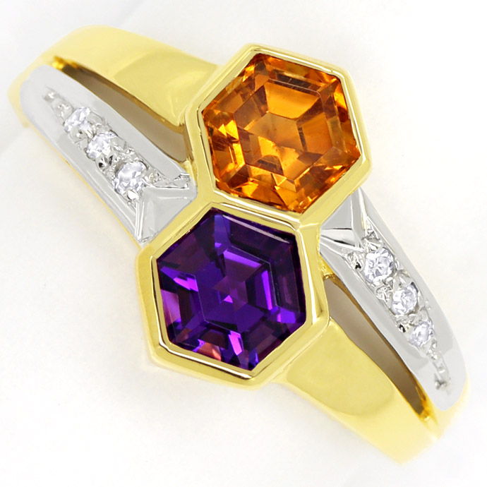 Designer-Ring mit Amethyst, Citrin, Diamanten, 14K Gold, aus Edelstein Farbstein Ringen