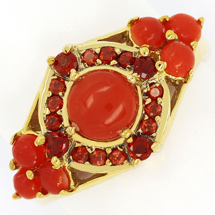 Bildschöner Gelbgoldring verschiedene Edelsteine in Rot, aus Edelstein Farbstein Ringen
