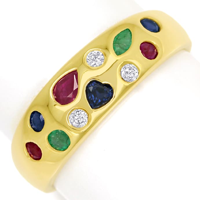 Goldbandring mit Brillanten Rubinen Saphiren Smaragden, aus Edelstein Farbstein Ringen