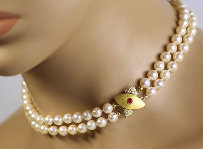Foto 6 - Perlencollier lupenreine Diamanten und Rubin im Goldschloß, S2121