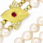 Perlencollier lupenreine Diamanten und Rubin im Goldschloß