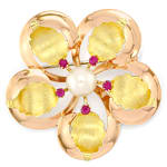 Blüten Handarbeits-Brosche mit Perle und Rubinen 18K Gold