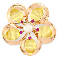zum Artikel Blüten Handarbeits-Brosche mit Perle und Rubinen 18K Gold, S2504