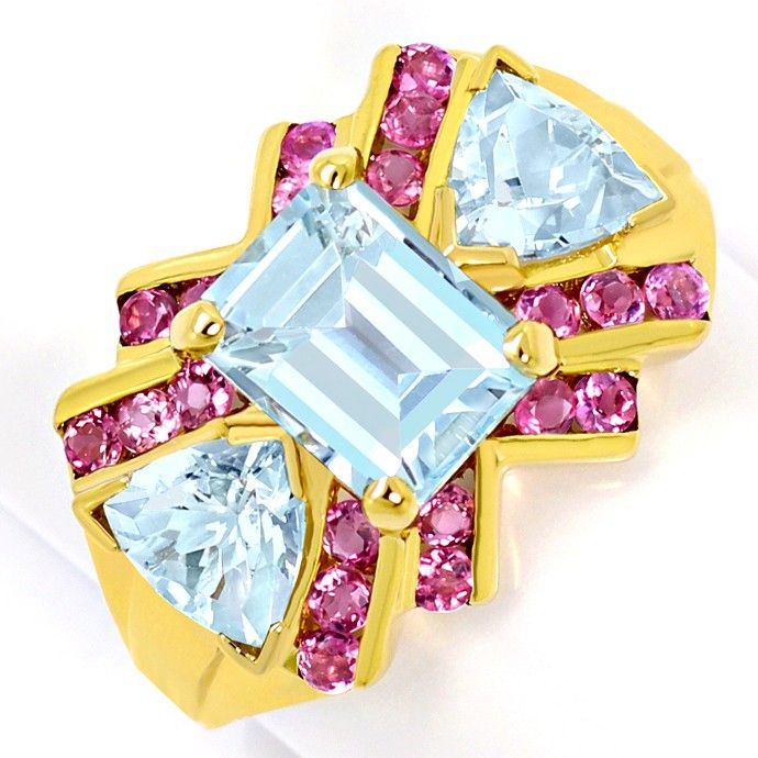Dekorativer Aquamarine Rosa Farbsteine Gelbgoldring 14K, aus Edelstein Farbstein Ringen