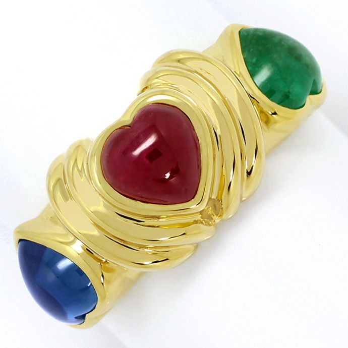 Rubin Saphir Smaragd Herzen in Tollem Gelbgold-Bandring, aus Edelstein Farbstein Ringen