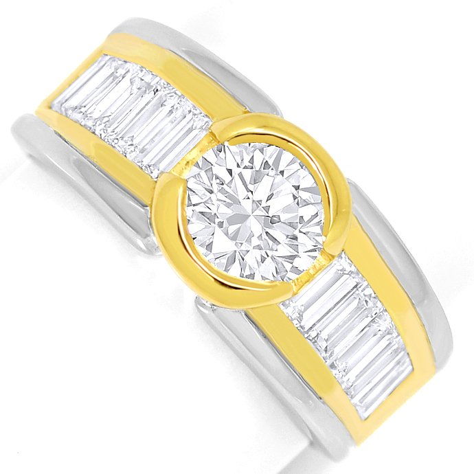 Design-Ring 1,07ct Brillant und 1,2ct Diamant Baguetten, aus Designer-Solitär-Diamantringe Brillantringe