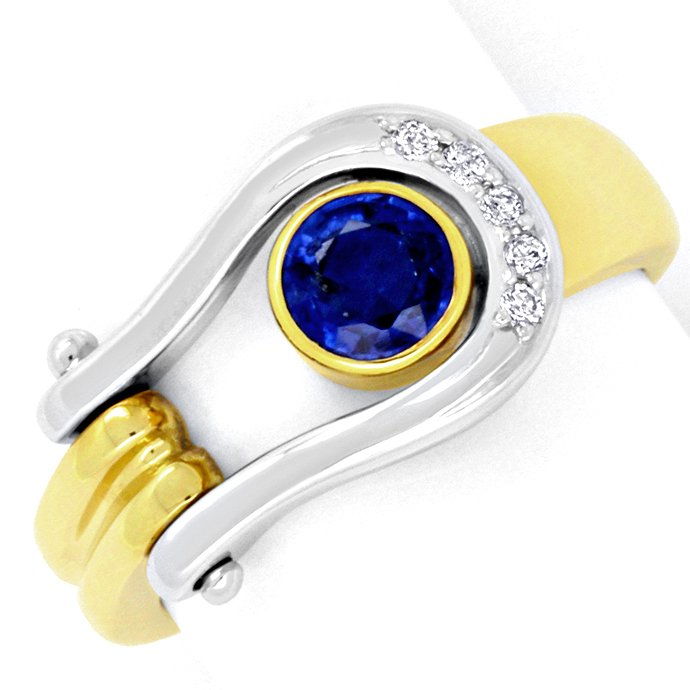 Brillanten-Ring mit Safir / Saphir, Gelbgold-Weißgold, aus Edelstein Farbstein Ringen
