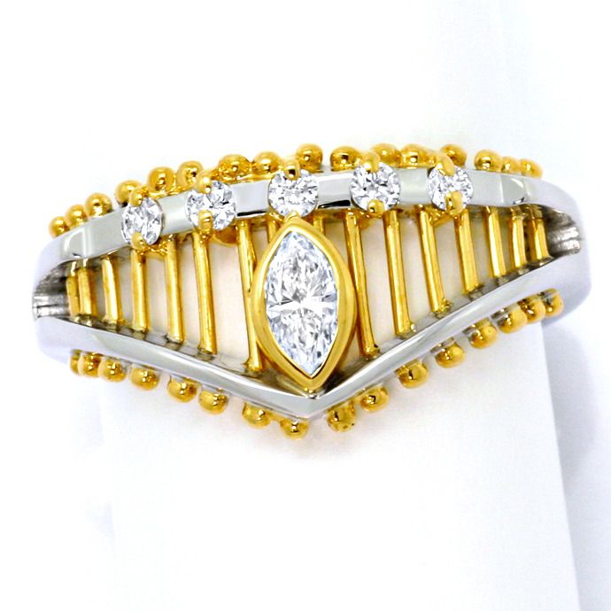 Design Navette Diamant-Brillant-Ring Gelbgold-Weißgold, aus Designer-Solitär-Diamantringe Brillantringe