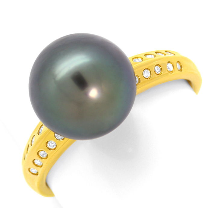 Gelbgold-Ring mit 20 Brillanten 10,9mm Top Tahiti Perle, aus Edelstein Farbstein Ringen