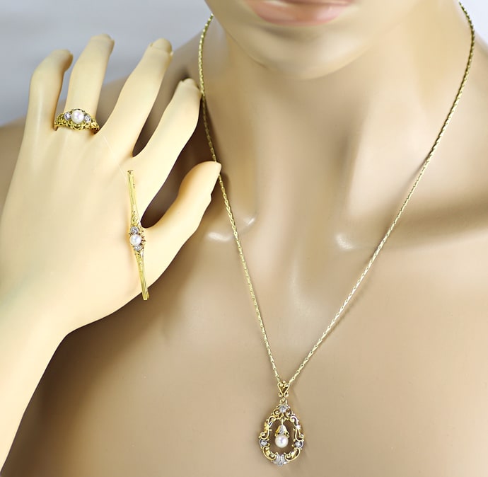 Foto 9 - Antik Set Ring Collier Brosche Perlen Diamanten, S5411