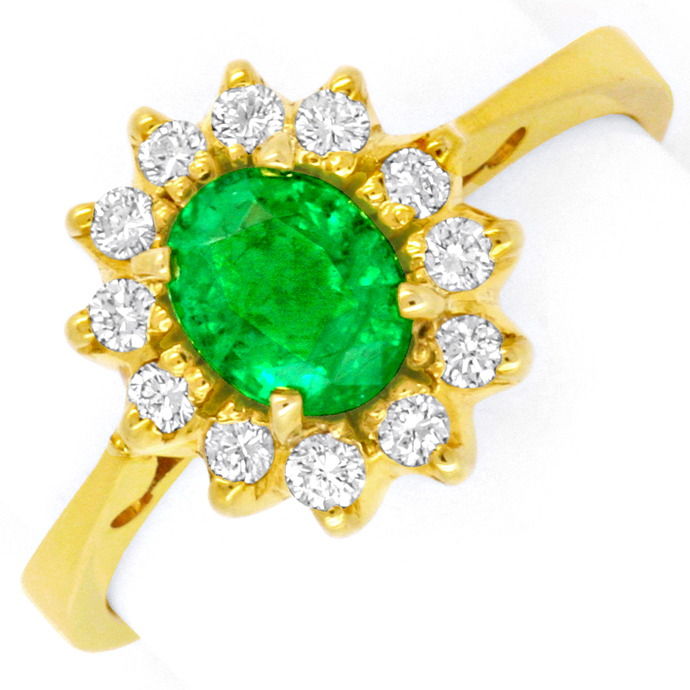 Brillantring Spitzen Smaragd 0,66ct 18K Gelbgold, aus Edelstein Farbstein Ringen