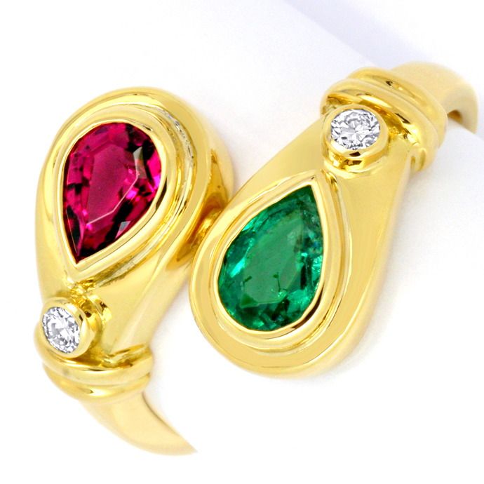 Diamantring Super Rubin Spitzen Smaragd 18K Gold, aus Edelstein Farbstein Ringen