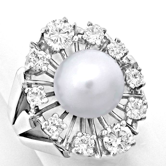 Weißgold-Ring 10mm Spitzen Perle und 1,22ct Brillanten, aus Edelstein Farbstein Ringen