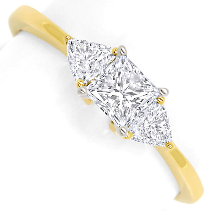 Gold-Ring 0,57ct Princess Diamant und 0,34ct Trillanten, aus Designer-Solitär-Diamantringe Brillantringe