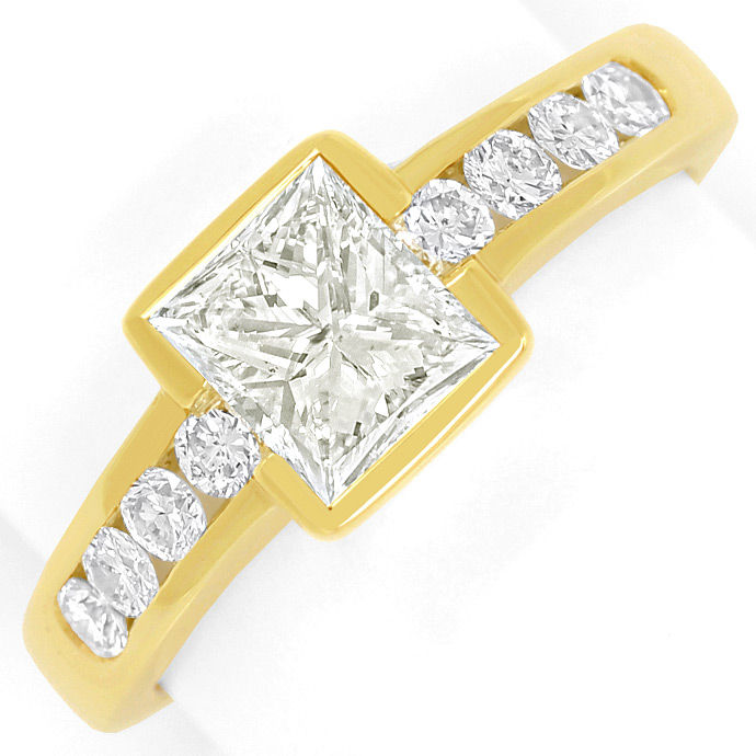 Gelbgold-Ring 1,10ct Princess Cut und 0,44ct Brillanten, aus Designer-Solitär-Diamantringe Brillantringe