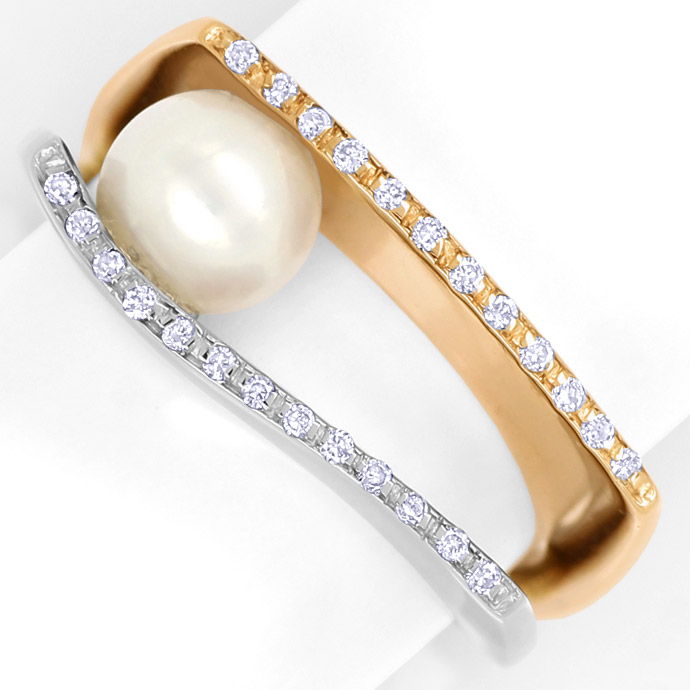 Diamantring mit Perle und 25 Brillanten in Bicolor Gold, aus Edelstein Farbstein Ringen