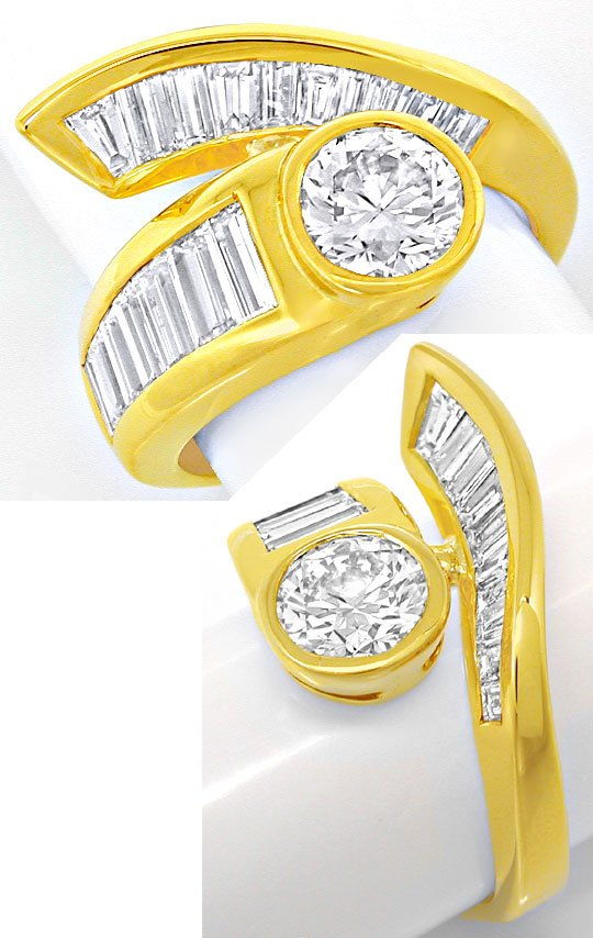 Einkaräter Ring mit Diamant Trapezen und Diamant Baguetten